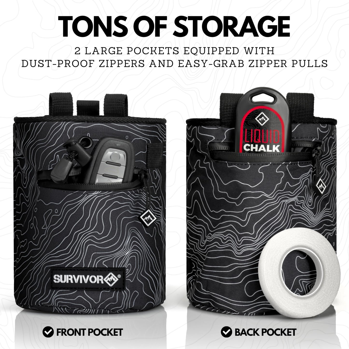 SURVIVOR Chalk Bag + Chalk Ball + Liquid Grip - Iconic Topographical Map, Draw String Closure, 2 Zippered Pockets, & Brush Holder - Bag for Rock Climbing, Bouldering, Weightlifting, Gymnastics & More