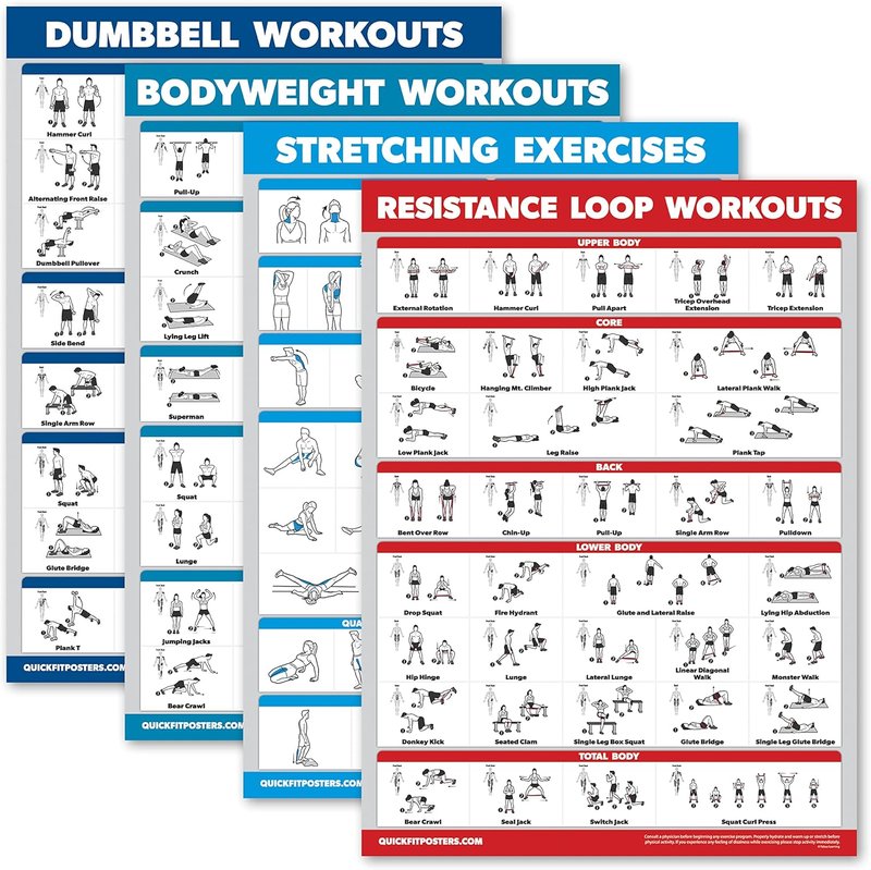 Dumbbell Workout Charts - 4 Pack of Laminated Exercise Guides | Bodyweight, Stretching & Resistance Loops (18” x 24”)