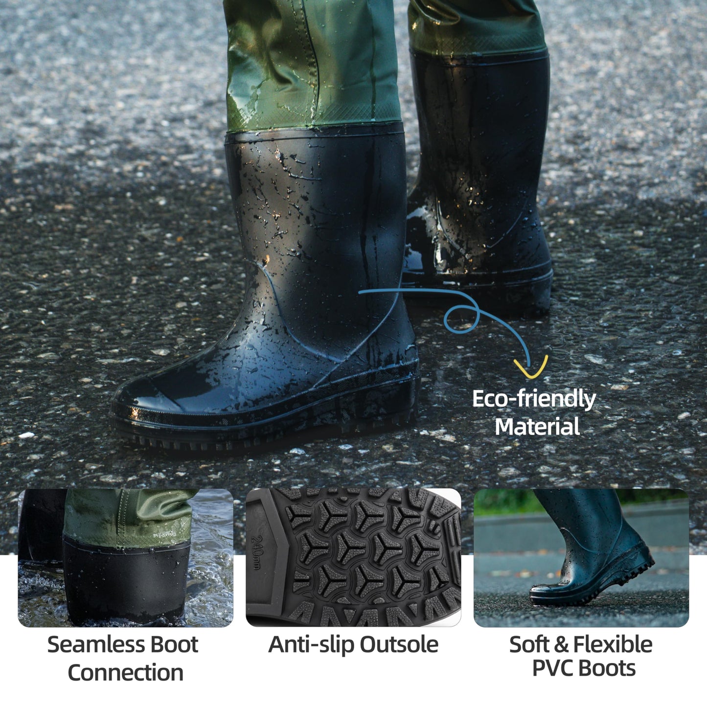 wasserflux Kids Chest Waders with Boots – Waterproof PVC Youth Waders with Reflective Strips & Reinforced Knees, Lightweight Fishing Waders, Green 8/9T