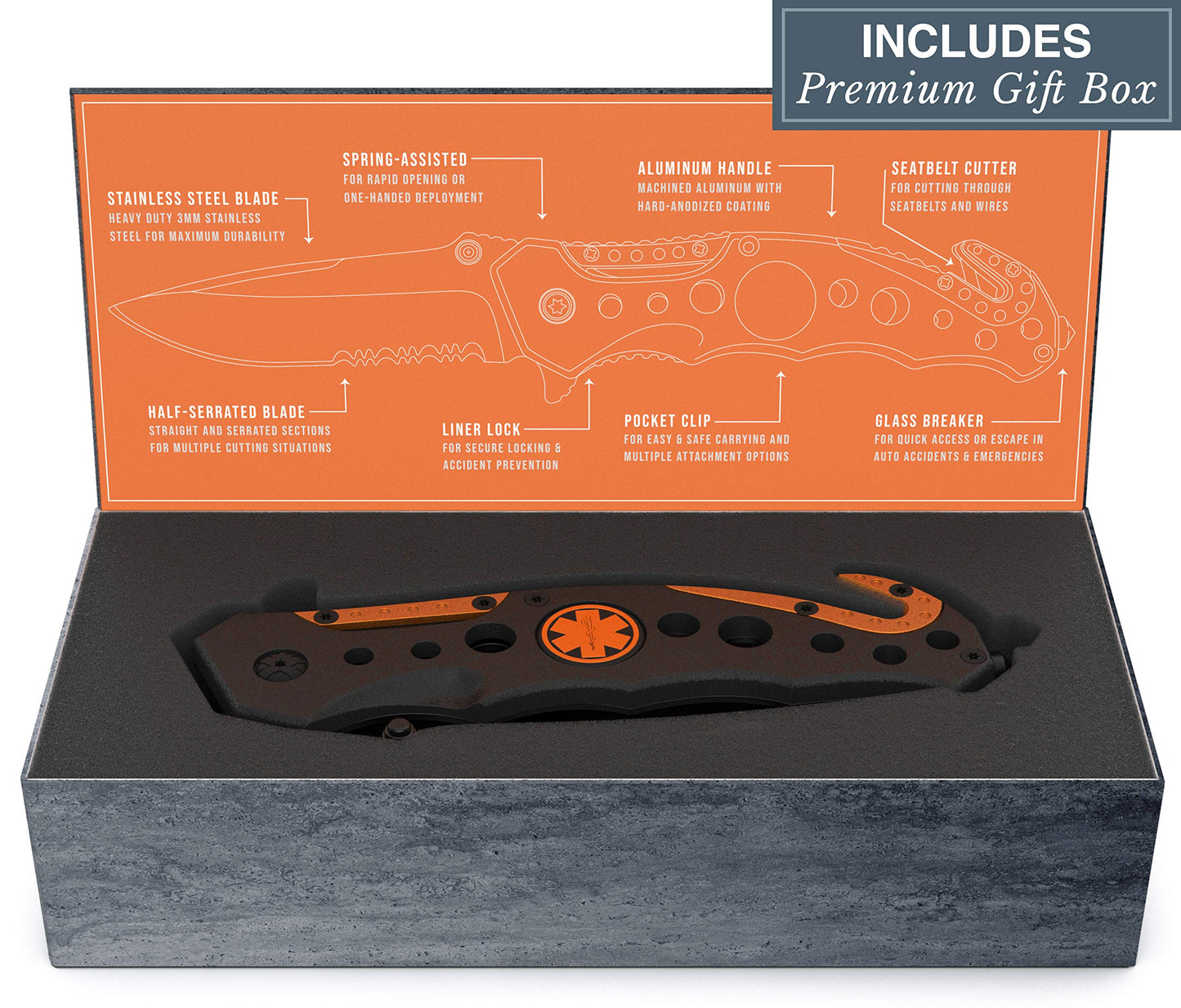 Swiss Safe 3-in-1 Tactical Knife for Military and First Responders - EMT Orange