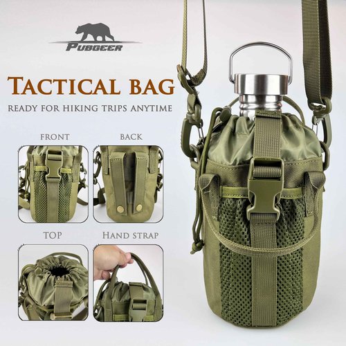 Pubgeer Canteen 42oz Single Wall Water Bottle with 24oz Nested Camping Cup and Carrier Bag, Stainless Steel, Bushcraft Gear, Wide Mouth Water Bottle, Survival Gear, Water Boiler, Self Reliance