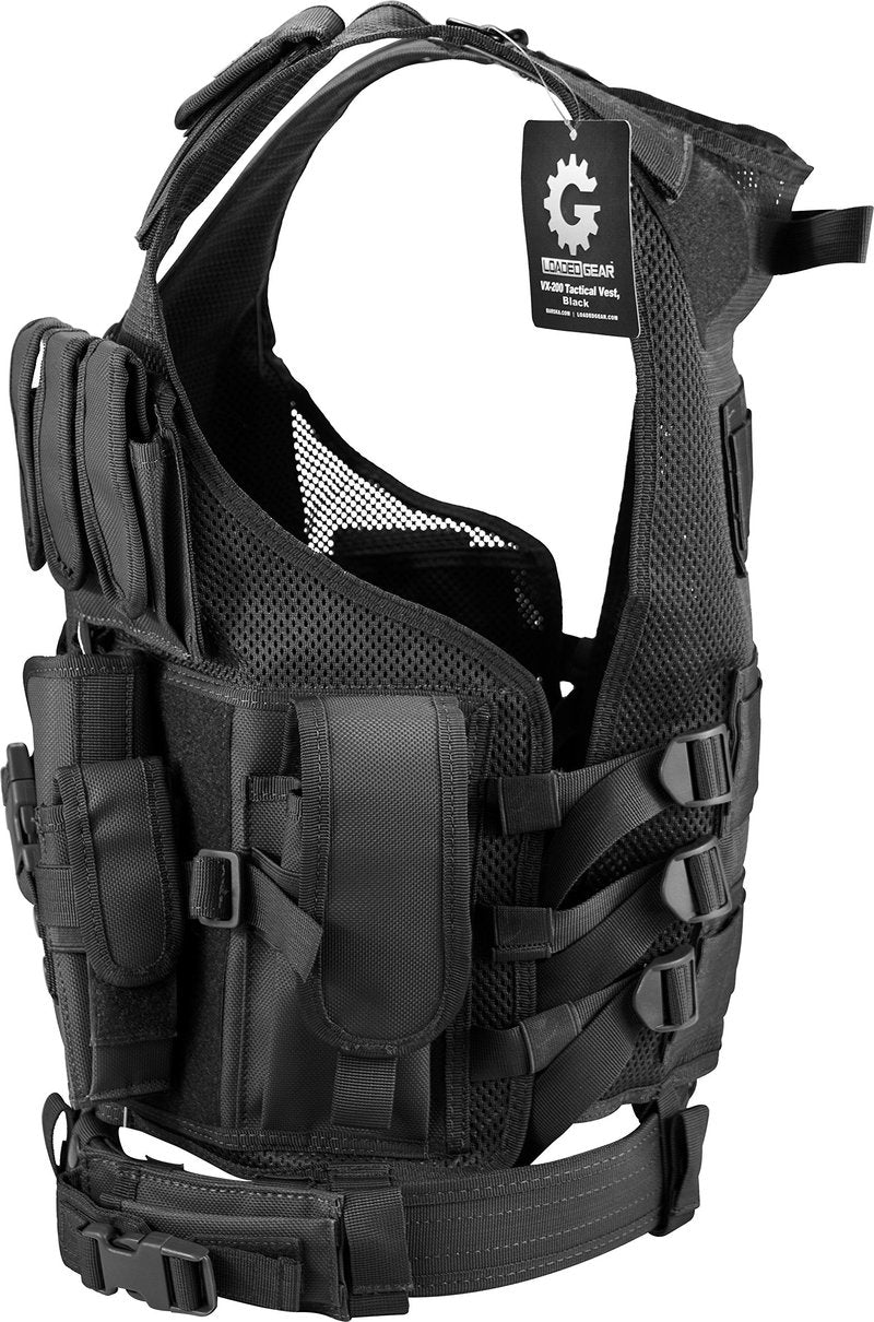 Barska Loaded Gear VX-200 Tactical Vest – Right Hand Holster, Adjustable Fit, Mag Pouches, Belt, ID Panel, Rescue Handle – Combat Vest for Airsoft or Training