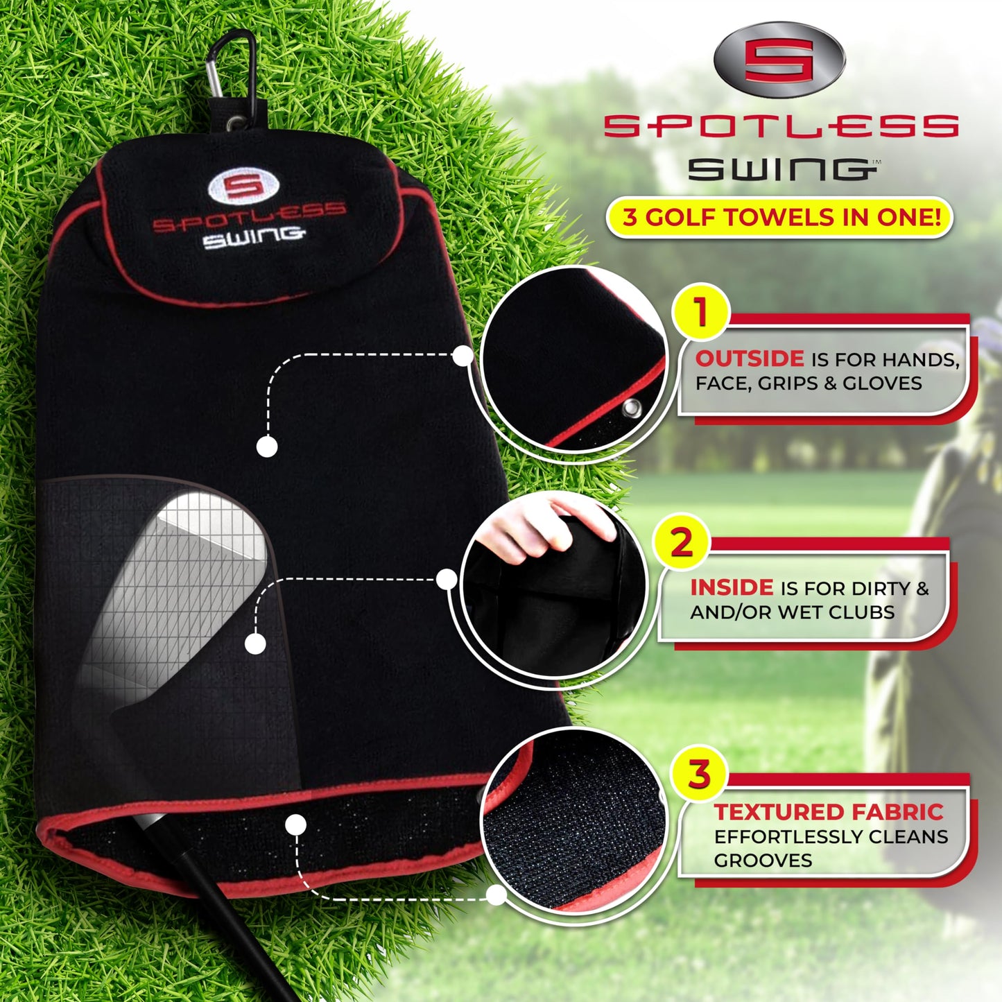 Spotless Swing Golf Towel | Microfiber Golf Club Cleaner Towel with Clip | 3-in-1 Design for Ultimate Convenience | Premium Multi-Use Accessories for Men and Women, Best Dad by Par