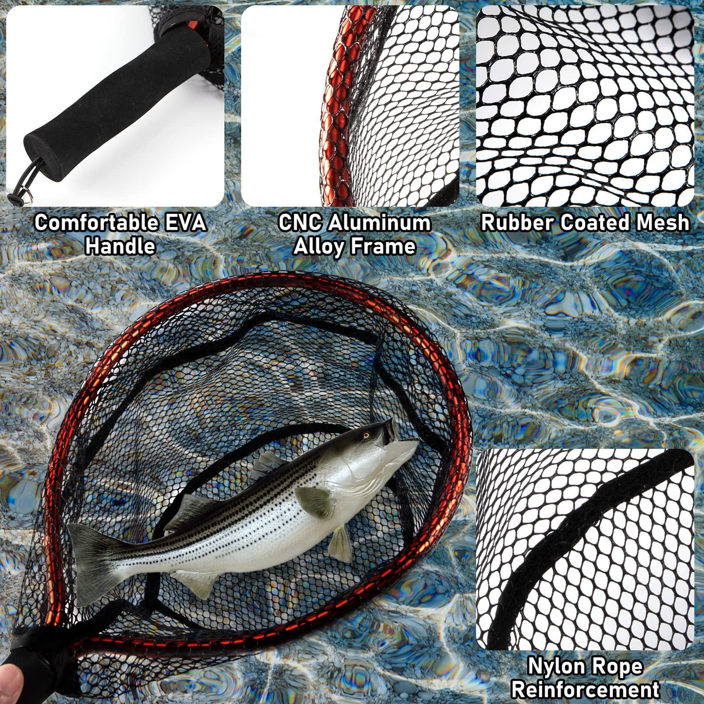 Alwonder Fly Fishing Net with EVA Handle, Fishing Landing Nets CNC Aluminum Alloy Frame, Rubber Coated Mesh Trout Net Kayak Nets for Trout Crappie Bass Sunfish Bulegill Panfish - Red