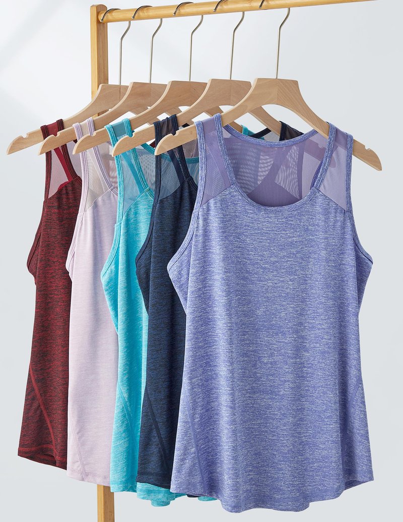 5 Pack Women's Workout Tops, Athletic Racerback Tank Tops for Women, Mesh Sleeveless Shirts Yoga for Gym Running (Set 3, Large)
