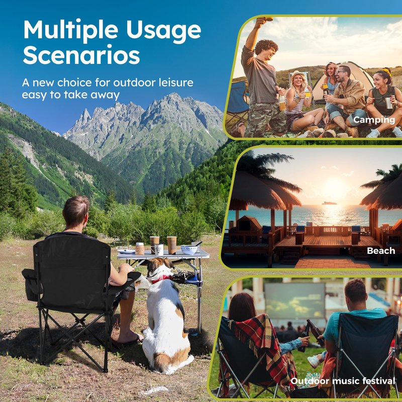 ALPHA CAMP Camping Chairs 250LBS Capacity, Heavy Duty Folding Chair with 4-Can Cooler Bag, Portable Outdoor Chair with Cup Holder for Adults, Collapsible for Tailgating, Beach, Fishing,Black,2PC