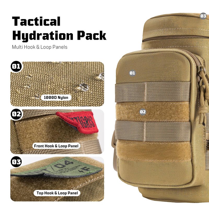 OneTigris MOLLE Water Bottle Pouch, 32oz Tactical Water Bottle Holder with Front Pocket & Detachable Shoulder Strap, 1000D Nylon Bottle Carrier for Hiking, Camping, Backpack & Belt Carry