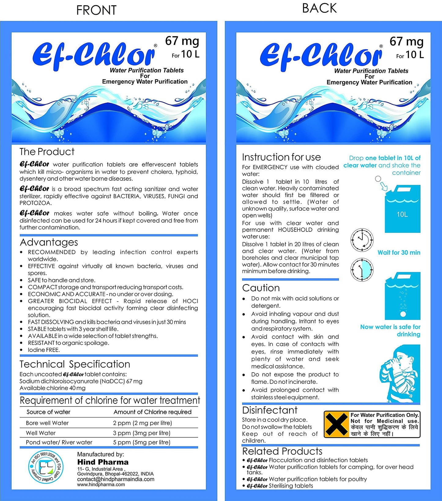 Ef-Chlor Water Purification Tablets/Drops (67 mg - 100 Tablets) - Potable Water Treatment Ideal for Emergencies, Survival, Travel, and Camping, Purifies (3.28-5.28) Gallons Water in 1 Tablet