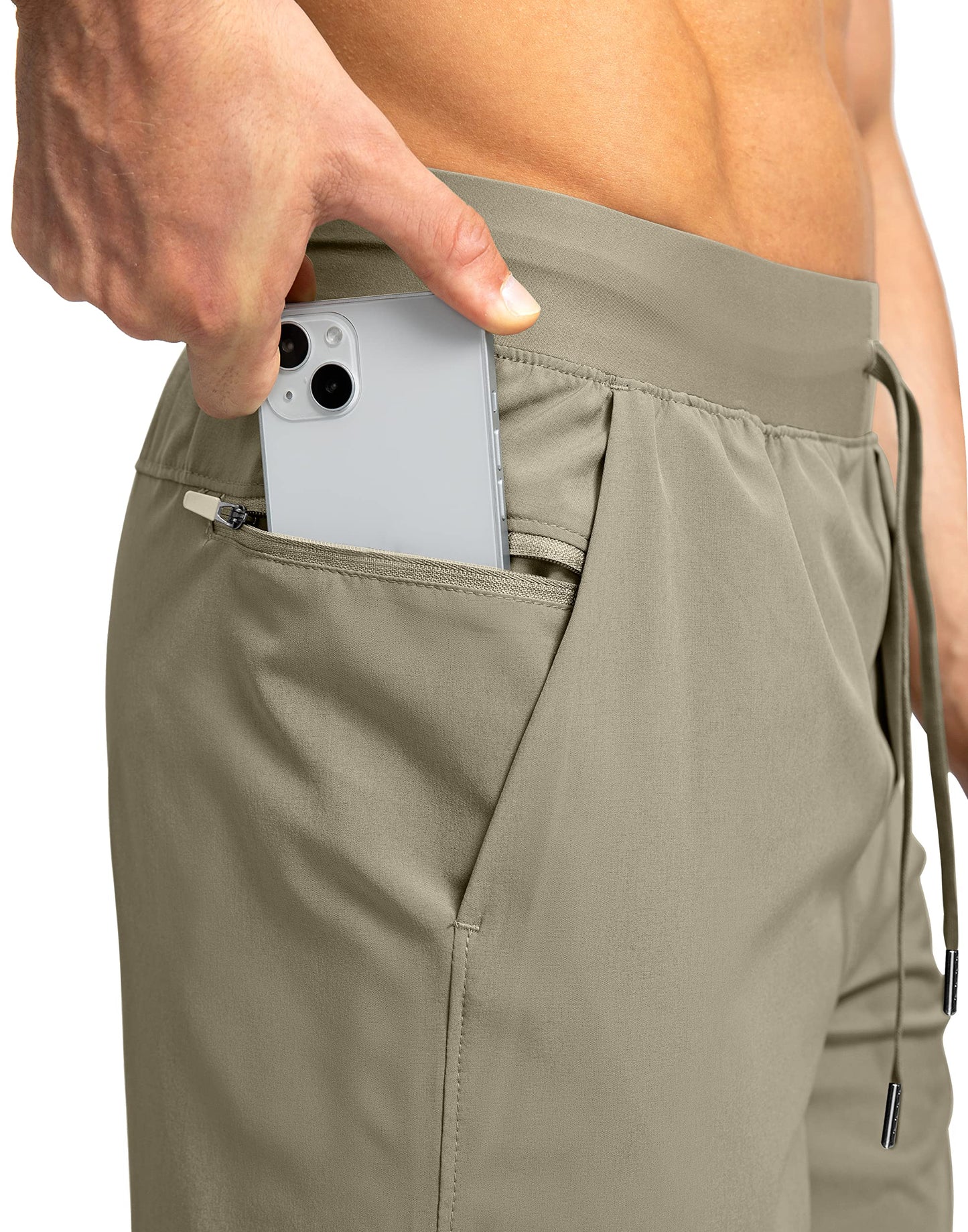 Soothfeel Men's Running Shorts with Zipper Pockets 7 Inch Lightweight Quick Dry Gym Athletic Workout Shorts for Men (Dusty Khaki, XS)