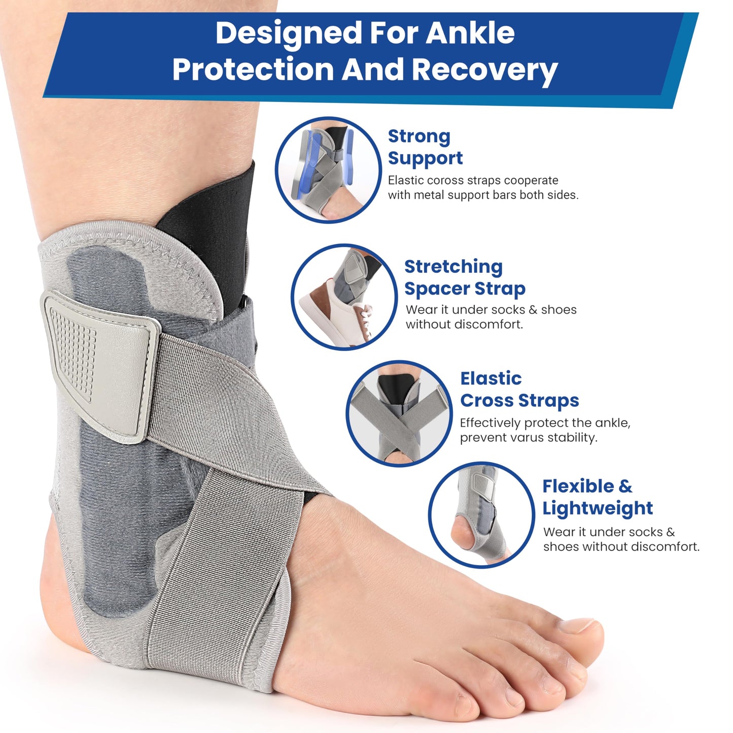 Awkstar Ankle Brace for Women Men, Ankle Support Brace for Injury Recovery, Sprain, Achilles, Tendon, Ankle Support for Women Men with Adjustable Wrap, Ankle Stabilizer for Sports