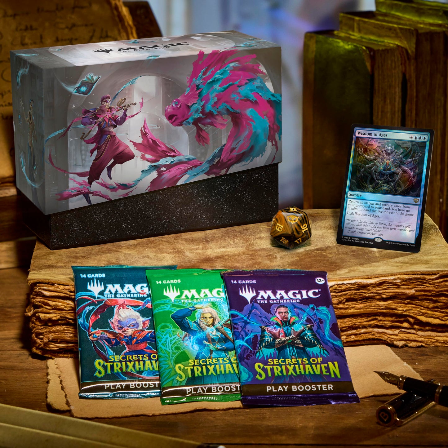 Magic: The Gathering Secrets of Strixhaven - Bundle (9 Play Boosters, 30 Lands, 1 Alt-Art Card + Exclusive Accessories)