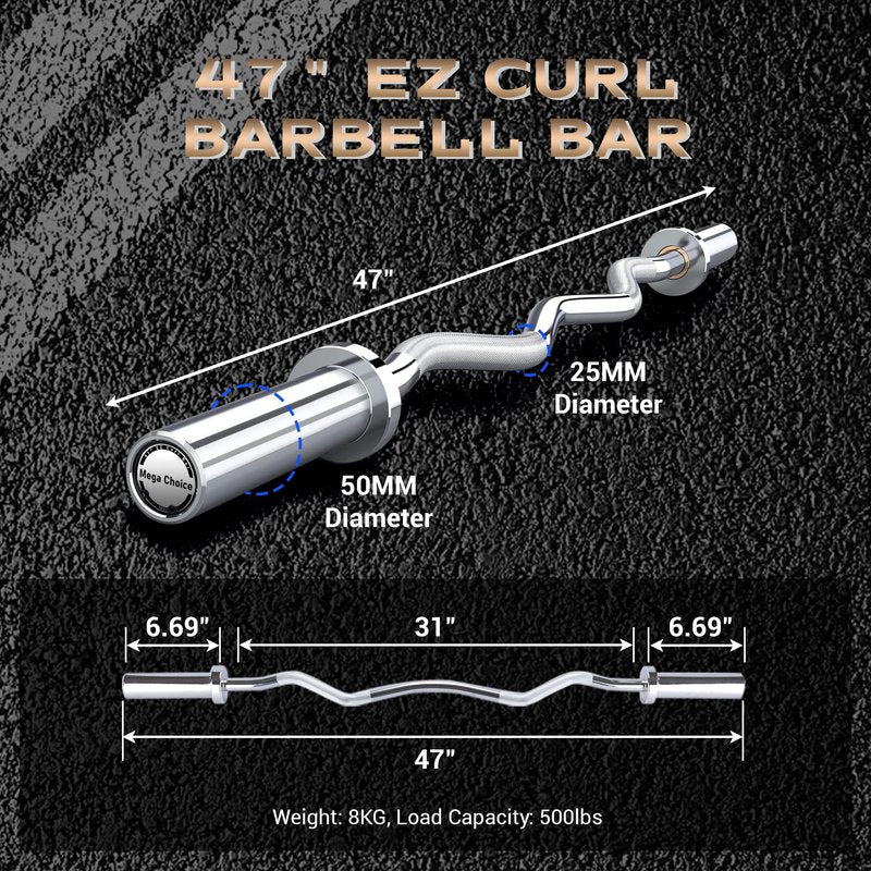 47" Olympic EZ Curl Barbell Bar, 500lb Capacity EZ Curl Bar for Weight Lifting, Biceps, triceps, Back/Leg Muscle Group exercise,Chrome Curling Bar Fit 2” Standard Weights - 2 Spring Collars