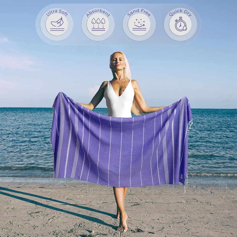 Turkish Beach Towel - Compact & Soft Extra Large (39" x 71") | Quick Dry, Versatile Yoga Mat, Picnic Blanket, Bath Towel - Purple
