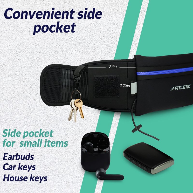 Fitletic Running Belt with Side Pocket, Loops for Energy Gels, Race Bib Number Holder. Waist Pack Water Resistant Phone Holder. Model Ultimate II