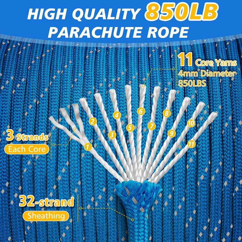 Reflective Paracord Rope - 850lb Heavy Duty 11 Strand Parachute Cord | 1000ft Blue for Camping, Hiking & DIY Crafts