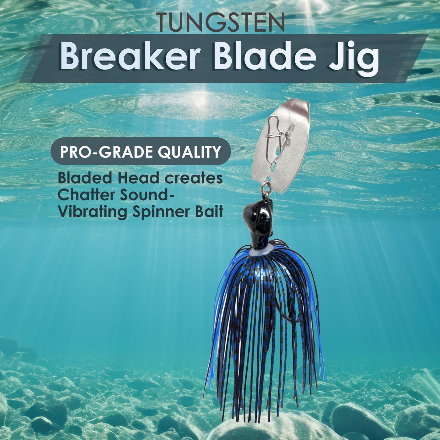 Reaction Tackle Tungsten Breaker Blade Jig Heads, Bladed Jig with Chatter Sound Vibration for Largemouth and Smallmouth Bass, Trout and Walleye - 1/4 Oz Black/Blue (2-Pack)
