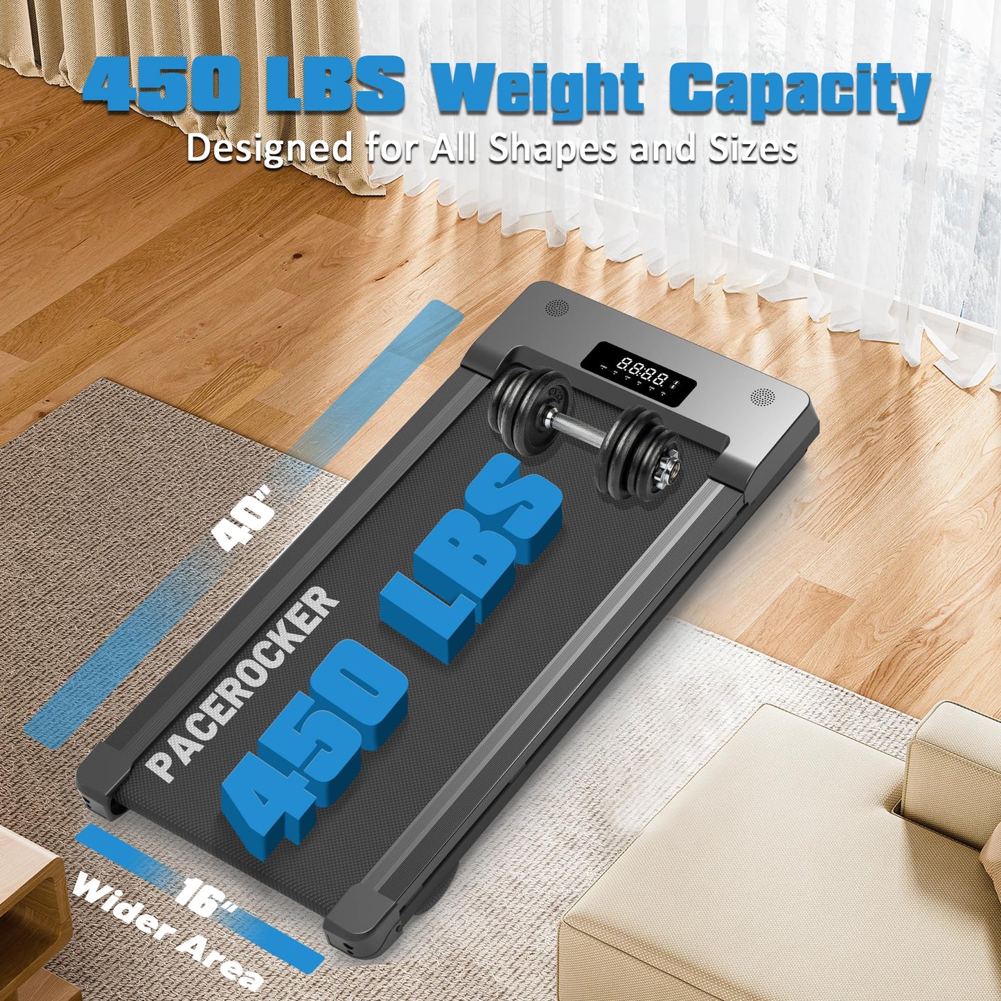 PACEROCKER Walking Pad Treadmill with 12% 9-Level Auto Incline, 450 lbs Capacity Bluetooth Speaker Under Desk Treadmills for Home Hiking, Black