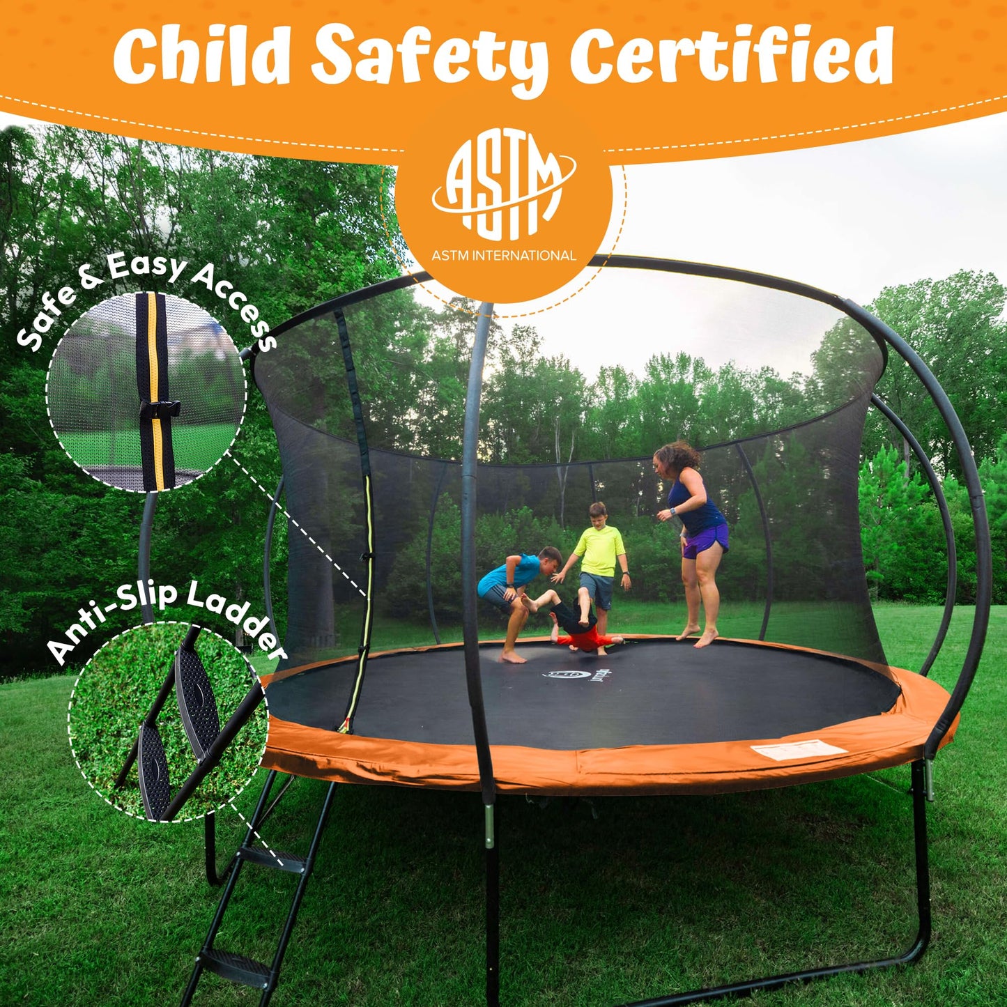 JUMPZYLLA Trampoline Outdoor 8FT 10FT 12FT 14FT 15FT 16FT with Enclosure and Ladder, ASTM Approved Recreational Trampoline for Kids and Adults, Anti-Rust Coated Frame (Orange, 8FT)
