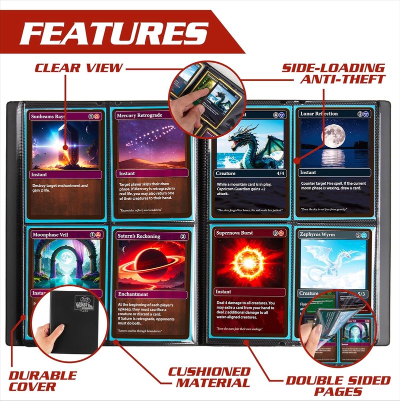 Monster Trading Card Album - Holofoil Clear Binder for 160 Cards | Anti-Theft & Side Loading Pockets, Compatible with Yu-Gi-Oh, Pokémon, MTG