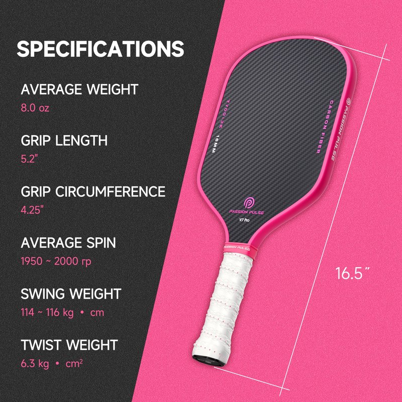 V7 Pro Pink Carbon Fiber Pickleball Paddle for Women – 3K Surface, 16mm Core, 3D Handle, Edge Guard – Lightweight Pickleball Paddle for All Skill Levels by Passion Pulse