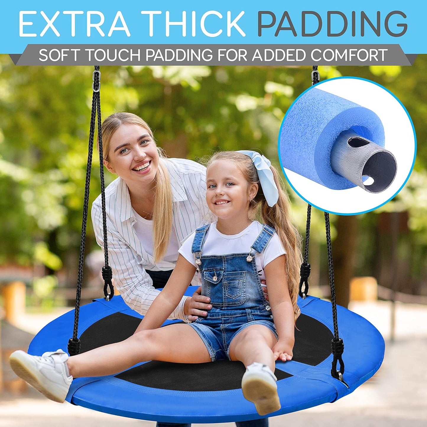 SereneLife Outdoor Tree Swing - 40” Saucer Swing with Adjustable Ropes & Center Swivel Spinner for Kids | Blue