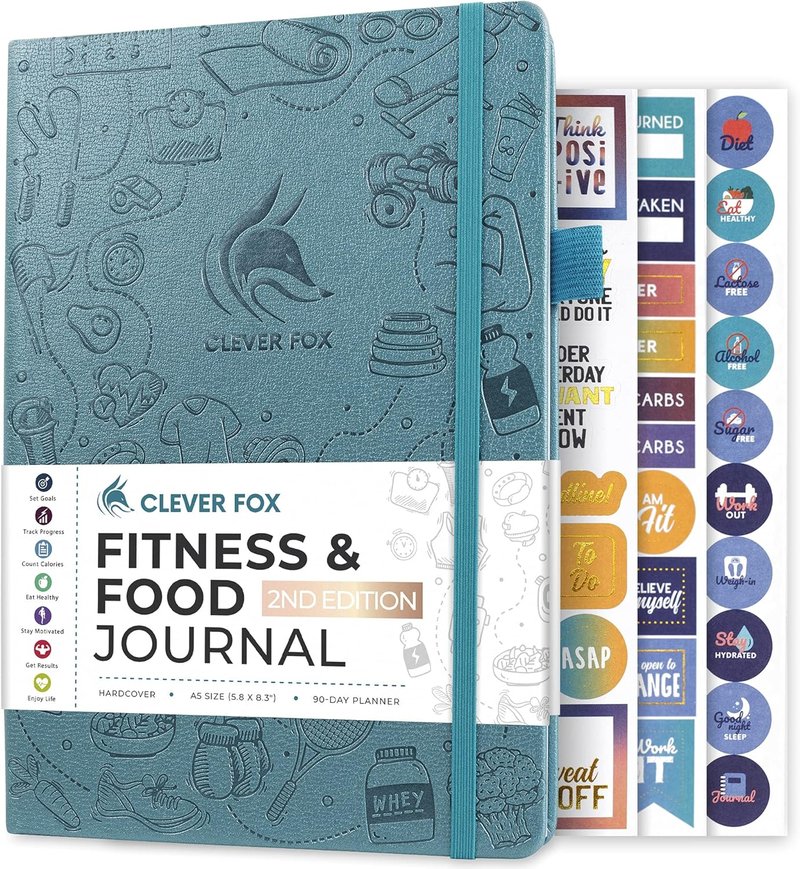 Fitness & Food Journal - Nutrition & Workout Planner for Men & Women | A5 Hardcover, Undated, Aquamarine