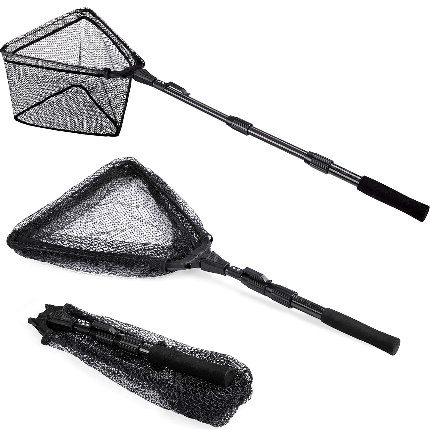 PLUSINNO Fishing Net Fish Floating Landing Net, Kayak Nets with Fixed Foldable Telescopic Pole Handle,Bass Trout Fishing Nets with Nylon Mesh for Pond Lake River,Fishing Gear Gifts for Men,Black 1.5M