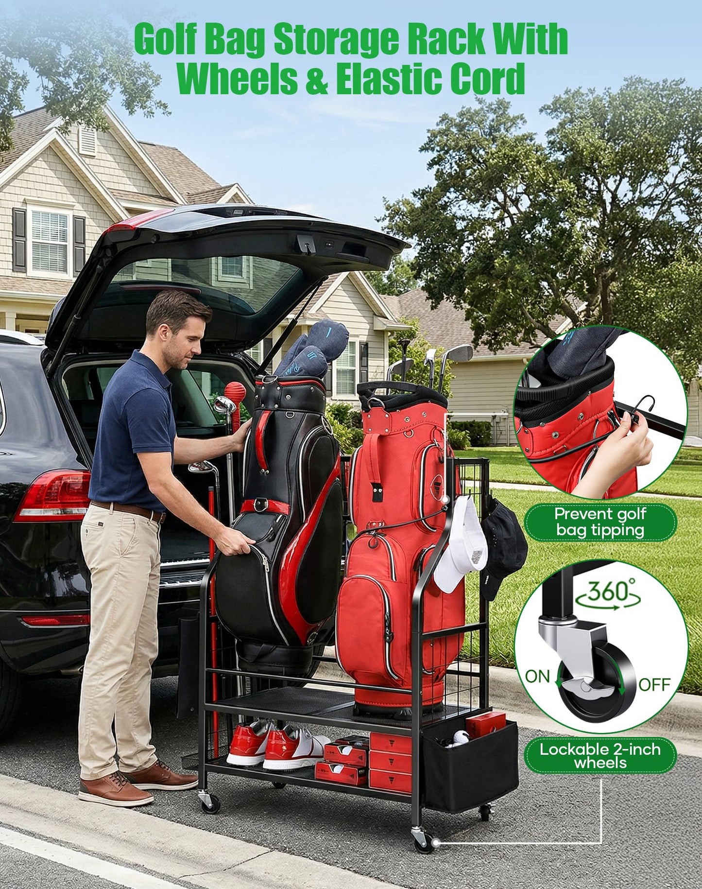 FHXZH Golf Bag Storage Garage Organizer - Golf Bag Stand Fit for 2 Bag, Extra Clubs, Balls, Shoes, and Golf Equipment Accessories, Golf Storage Rack for Garage, Club, Shed (2 Golf Bag Rack)