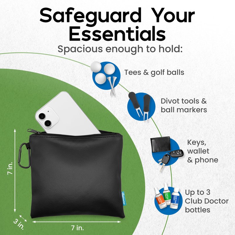 Club Doctor - Golf Valuables Pouch – Premium Zippered Golf Accessories Bag with Metal Carabiner, Compact & Durable Organizer for Tees, Balls, Divot Tools, and Valuables