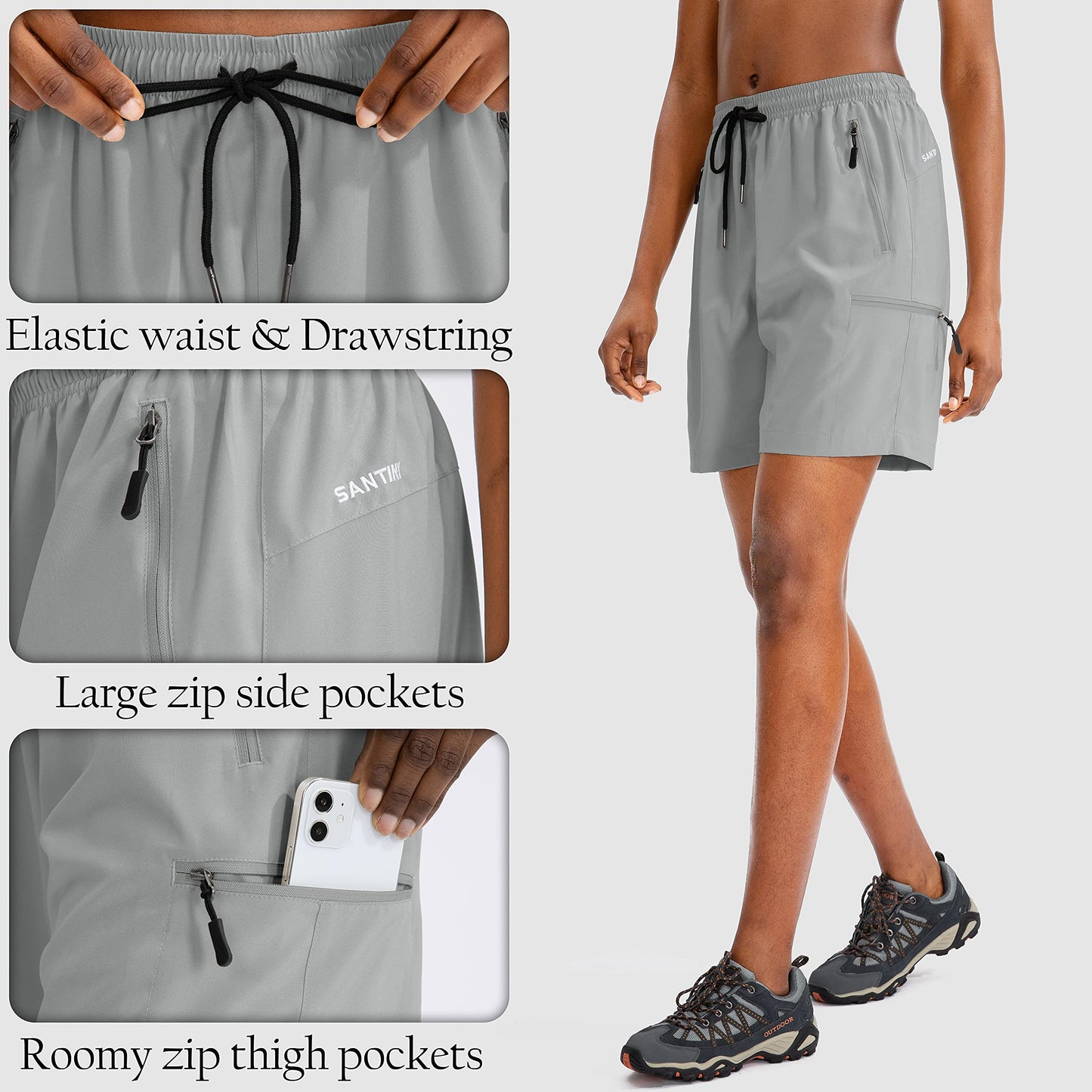 SANTINY Women's 5''/ 7''/9'' Hiking Cargo Shorts Quick Dry Lightweight Summer Shorts for Women Athletic Golf Zipper Pockets(Light Grey_XXL)