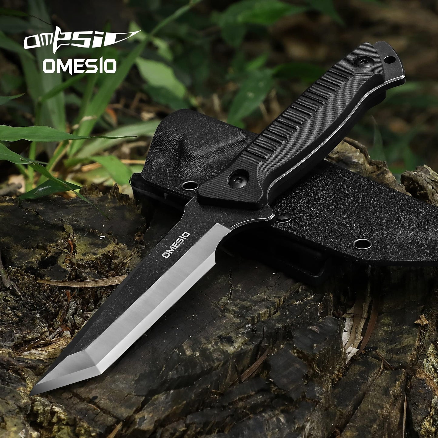 Omesio Tanto Fixed Blade Knife with Kydex Sheath, Outdoor Survival Knife, Tactical Knife Full Tang 420 Stonewashed Steel G10 Handle, Camping Hiking Gifts for Men (Black)