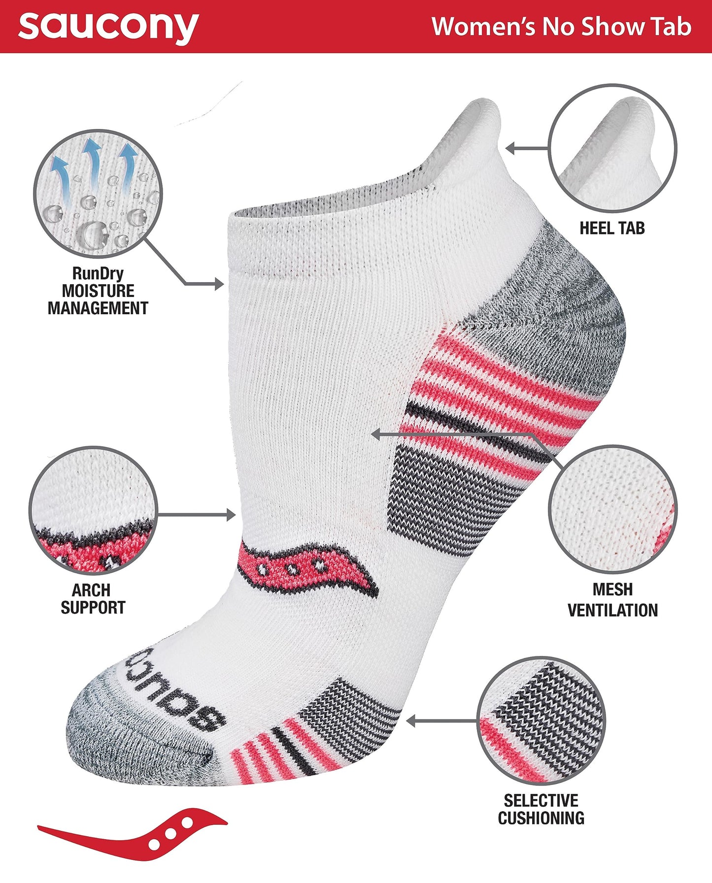 Saucony Women's RunDry Performance 8, 16 Pairs Heel Tab Athletic Socks, S-L, Grey Fashion (8 Pairs), Small