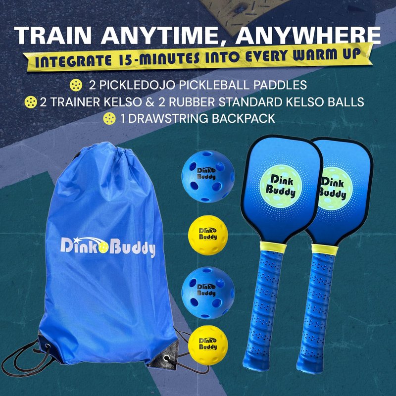 Dink Buddy - 2-in-1 Pickleball Trainer Set, Pickleball Gifts with 4 Kelso Balls (2 Foam Trainer + 2 Rubber Standard Size), 2 PickleDojo Paddles, & 1 Drawstring Backpack