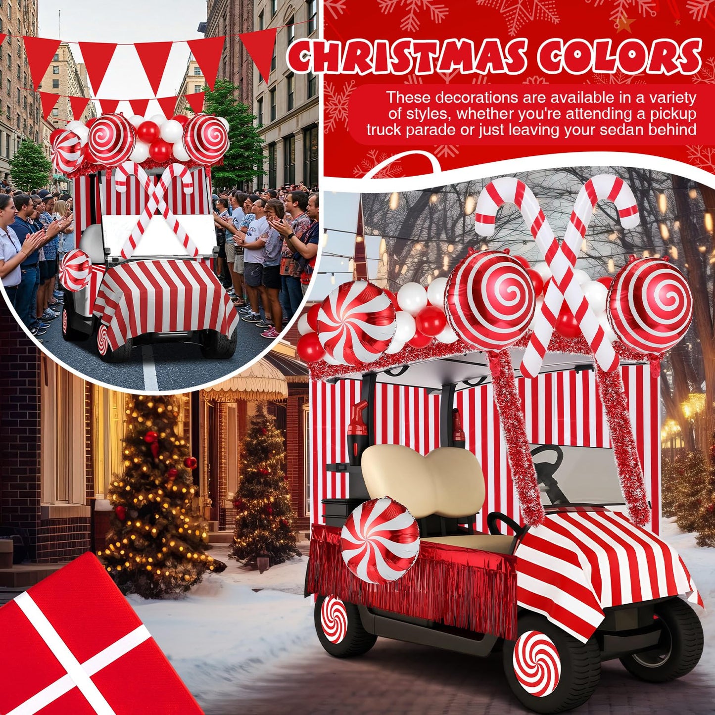 Soulchen 75 Pcs 82 Pcs Christmas Parade Golf Cart Decoration Kit Candy Theme Balloons Garland Arch Fringe Curtains Tinsel Garland Candy Cane PVC Decor for Xmas Golf Cart Party Supplies Decor (Classic)