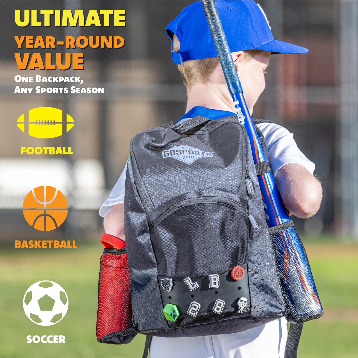 GoSports Youth Baseball and Softball Bag with Customizable Charm Panel