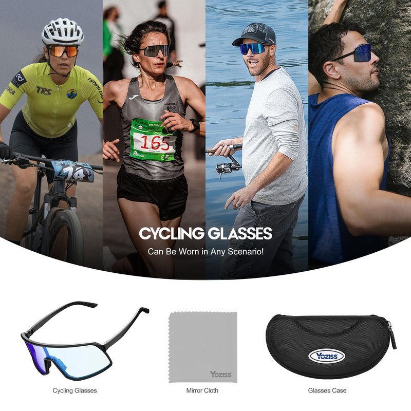 YOZISS Photochromic Sports Glasses for Men & Women – Lightweight Cycling Sunglasses with UV400 Protection, Adjustable Nose Pads, TR90 Frame – for MTB, Running, Baseball, Outdoor Activities (Blue)