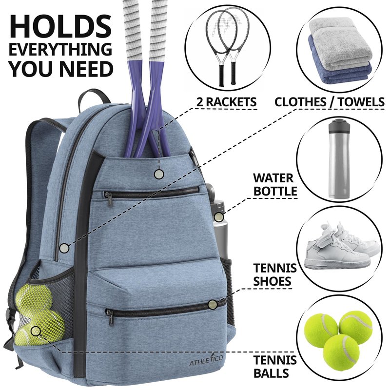 Athletico City Tennis Bag - Tennis Backpack for Men & Women Holds 2 Rackets & Shoes - Bags With Racquet Holder For Tennis, Pickleball, Squash & Badminton - Women's (Gray)