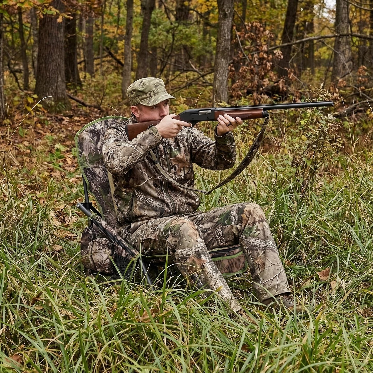 SUNNYFEEL Portable Low Profile Hunting Chair for Ground Blind, Lightweight Folding Turkey Hunting Chair with Silent Steel Frame, No-Sink Feet & Carry Strap, Camo Hunting Seat