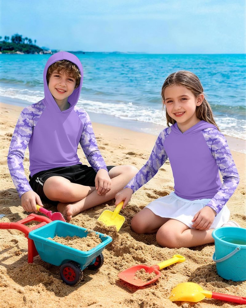 Boys Rash Guard Swim Hoodie - UPF 50+ UV Protection Long Sleeve Fishing Shirt | Kids SPF Water Shirt