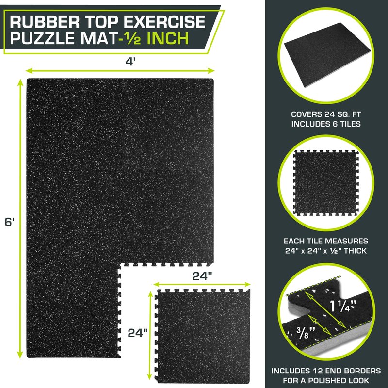 ProsourceFit Rubber Top Exercise Puzzle Mat ½-inch, EVA Foam, Protective Interlocking Tiles for Home Gym Equipment and Workouts; Grey, 24 SQ FT, 6 Tiles