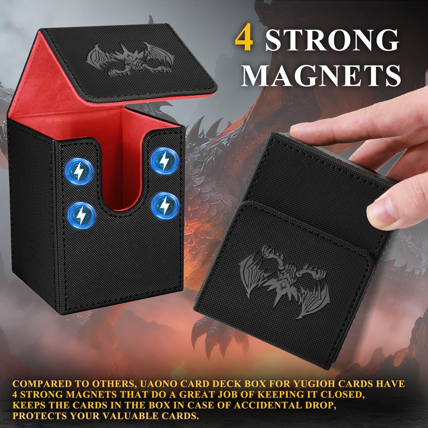 UAONO Card Deck Box for Yugioh MTG Cards, 100+ Deck Case with 2 Dividers Fits TCG CCG, PU Leather Card Storage Box Compatible with Collectible Trading Cards (Black&Red, Extinction Dragon)