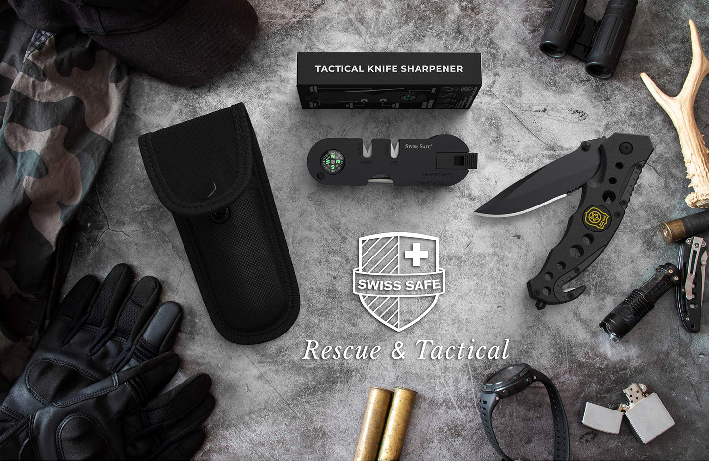 Swiss Safe 3-in-1 Tactical Knife for Military and First Responders - Tactical Black