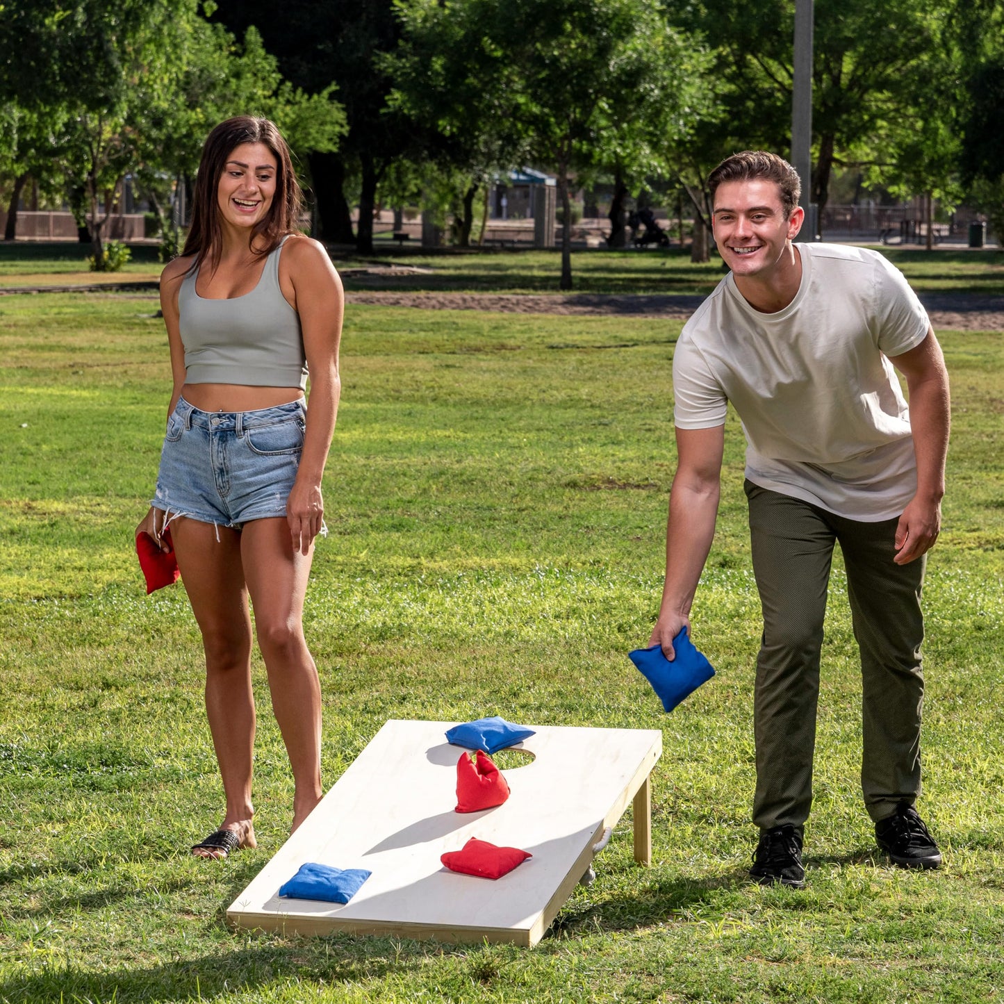 JOYIN 16 Cornhole Bean Bags for Tossing (4.7” x 4.7”), Durable Nylon All-Weather Game, Includes 16 Bean Bags and a Carry Bag, Cornhole Game Set, Party Supplies for Kids & Adults