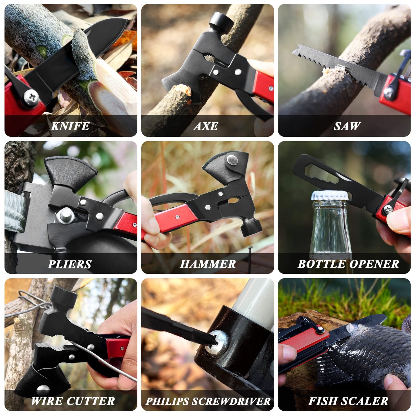 RoverTac Camping Essentials, Multi Tool Axe Hatchet Survival Gear 14-in-1 Multitool Knife Hammer Pliers Saw Bottle Can Opener Screwdriver, Multitool for Camping Hiking Survival, Gifts for Men Him Dad