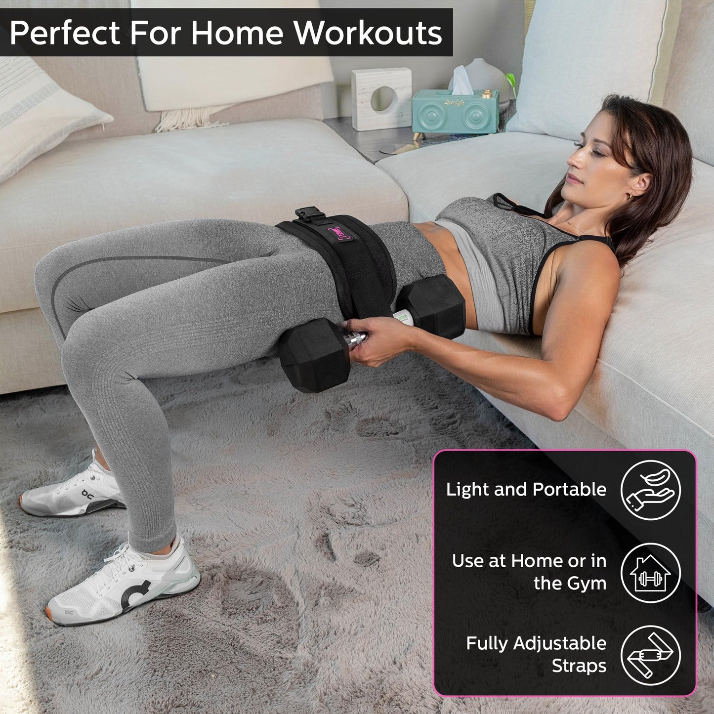 FITBELT Exercise Hip Thrust Belt - Glute Trainer for Home Workouts with Extra Padding - Fully Adjustable Hip Thrust Belt for Dumbbells - Booty Builder, Glute Workout Equipment