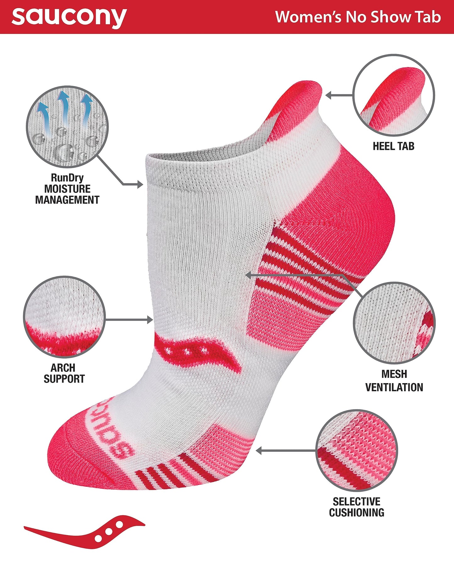 Saucony Women's RunDry Performance 8, 16 Pairs Heel Tab Athletic Socks, S-L, White Assorted (16 Pairs), Medium