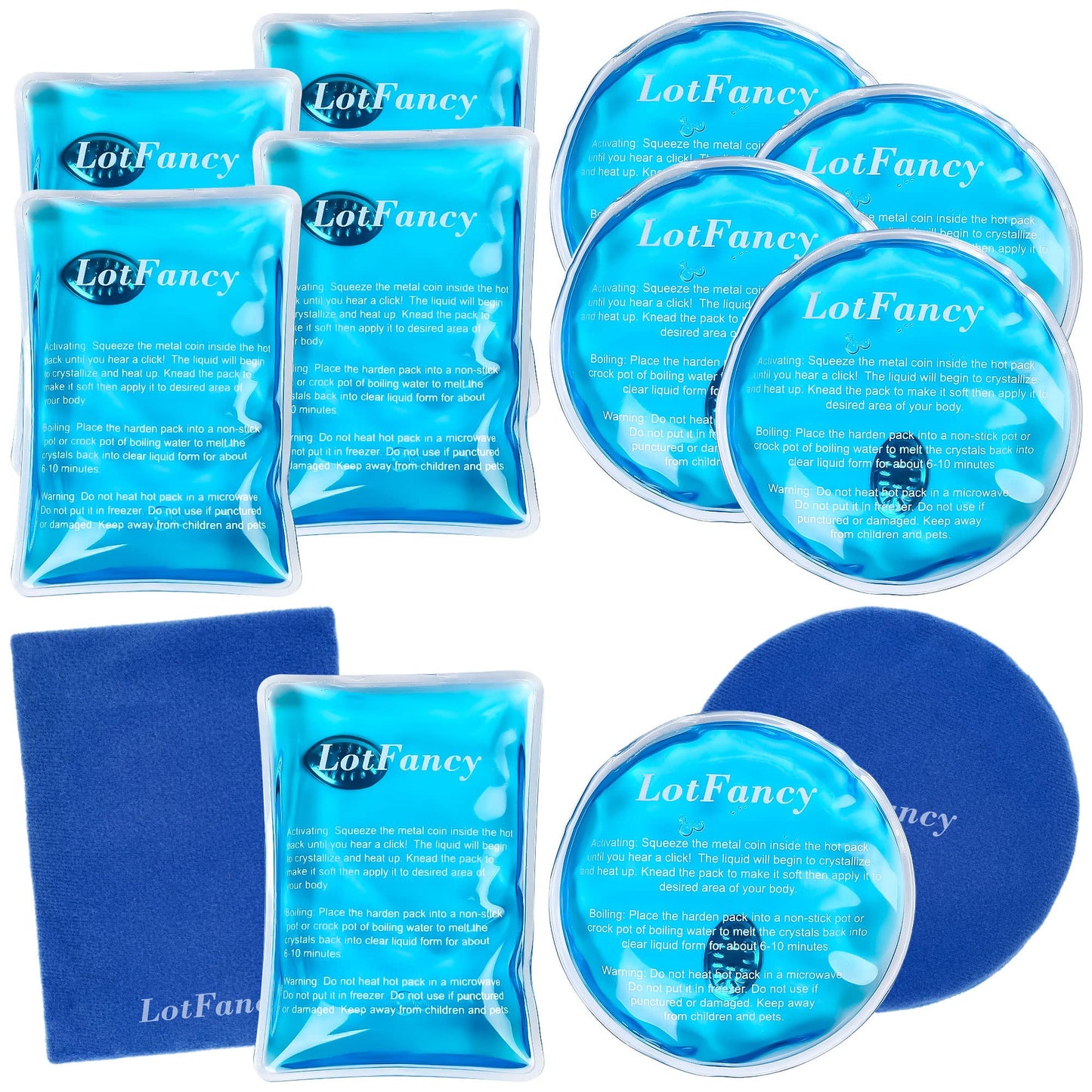 LotFancy Reusable Hand Warmer, 10 Click Activated Instant Heat Packs and 2 Wraps, Snap Hot Therapy Compress, Gel Heating Pad for Pain Relief, Outdoor & Portable Size