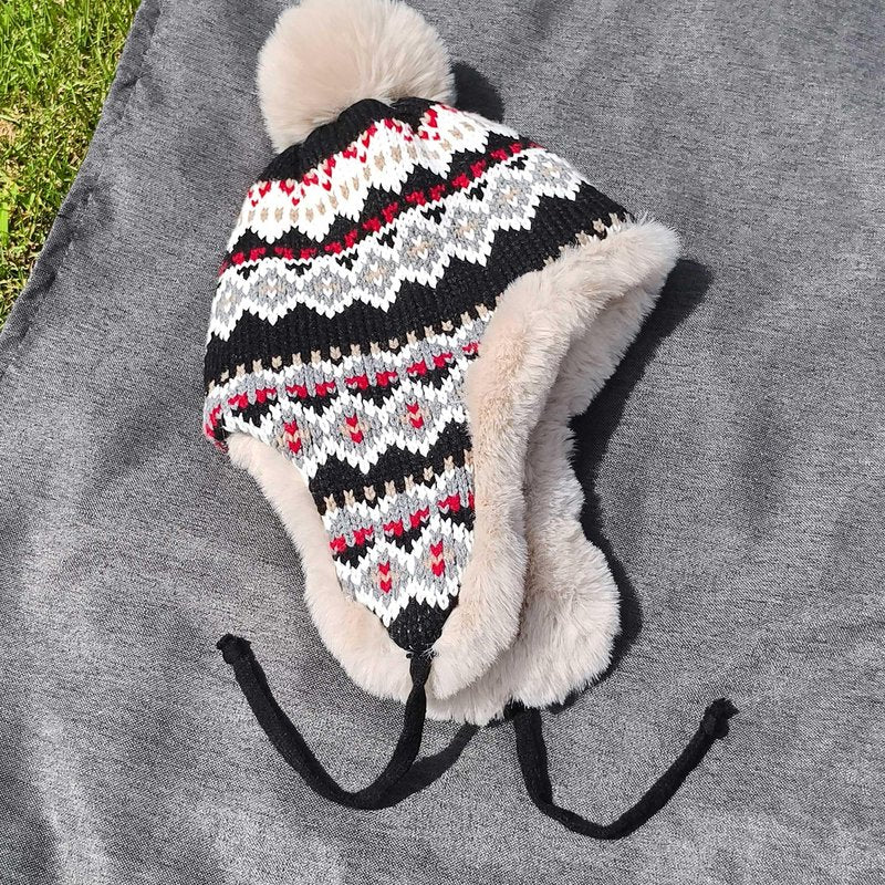 Kejea Knit Beanie Hat Winter Ear Flaps Women Black Ushanka Trapper Hats Skull Ski Cap Men (US, Numeric, 6 3/4, 7 1/2, Black)