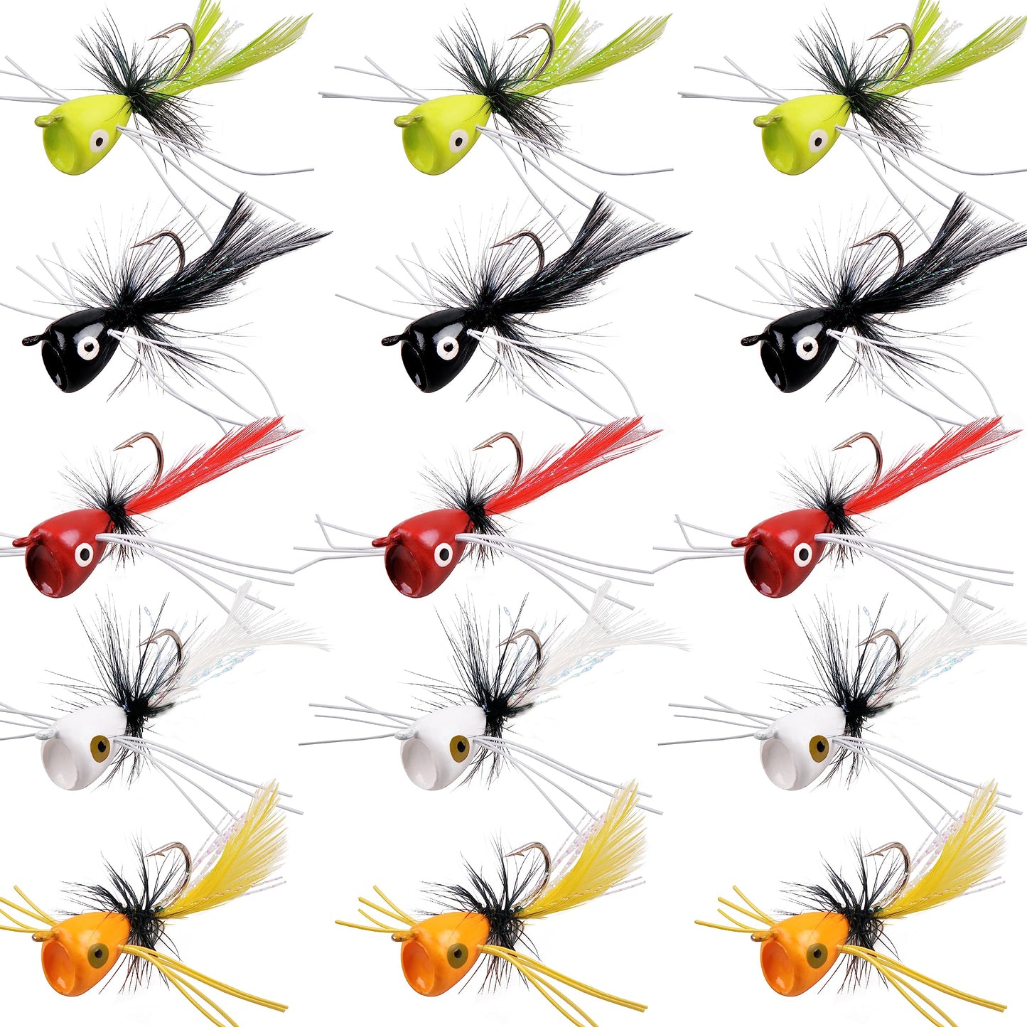 Fly Fishing Popper Flies Kit,15pcs Bass Poppers Lures Dry Flies Fly Fishing Popper Lures Panfish Bluegill Poppers Fly Lure Baits with Hooks for Freshwater Saltwater