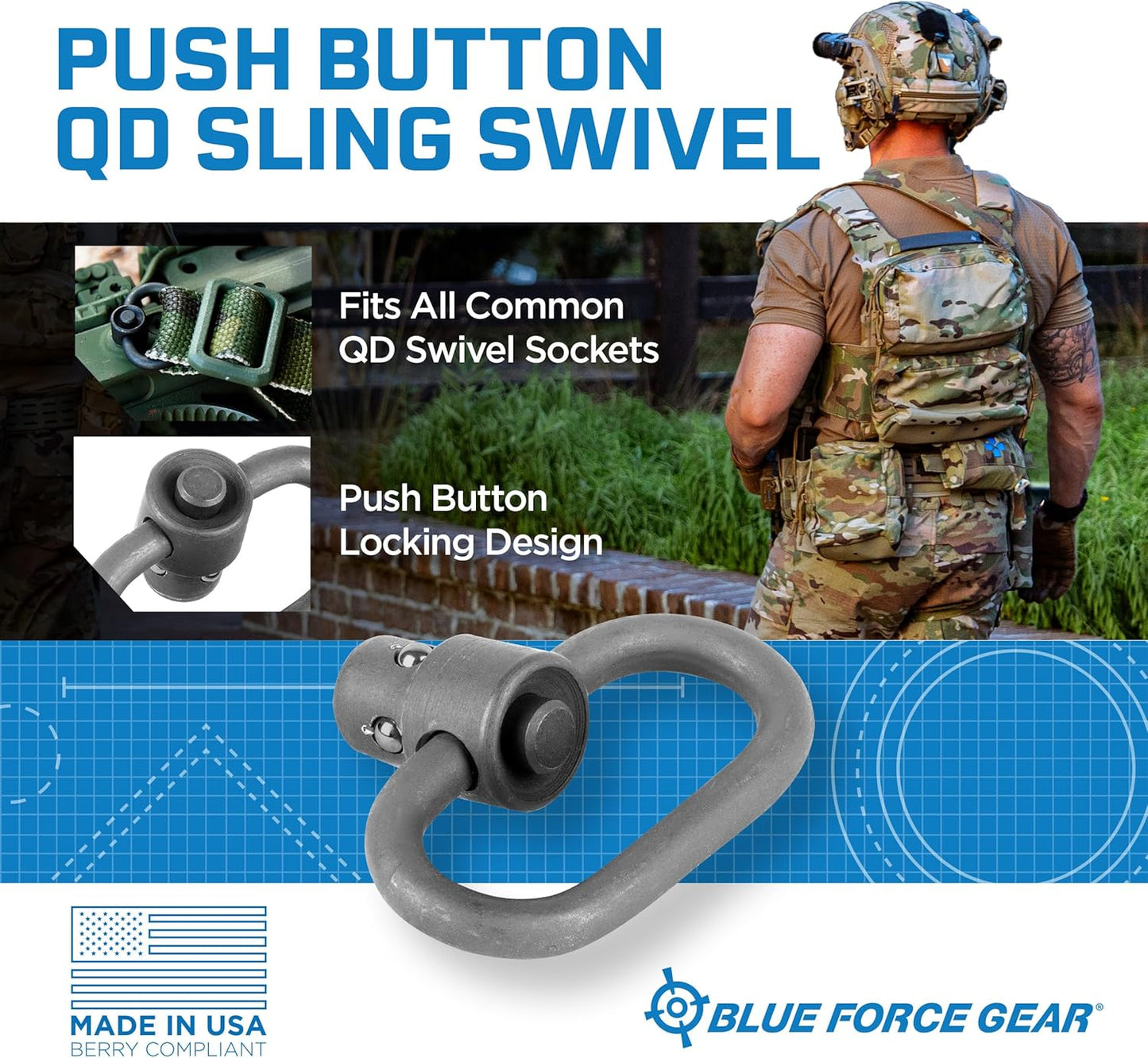 Push Button Sling Swivel - Durable Machined Steel Attachment Hardware for Rifles | Blue